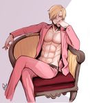  1boy abs armchair belt blonde_hair chair chin_rest cigarette facial_hair hair_over_one_eye hand_on_own_face male_focus one_piece open_clothes open_shirt pink_suit sanji sitting solo 