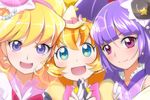  :d asahina_mirai black_hat blonde_hair blue_eyes blush bow brooch cure_magical cure_miracle cure_mofurun earrings girl_sandwich hat izayoi_liko jewelry long_hair looking_at_viewer mahou_girls_precure! mini_hat mini_witch_hat mofurun_(mahou_girls_precure!) multiple_girls open_mouth orange_hair personification pink_bow pink_hat precure purple_eyes purple_hair sandwiched sch smile star star_in_eye symbol_in_eye witch_hat yellow_hat 