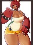  2016 big_breasts blush bracelet breasts chaimchomp chain cleavage clothed clothing collar dark_skin demon fangs female fur hair horn jewelry looking_away looking_up monster red_eyes red_fur red_hair red_lips redrabbu shirt short_hair shorts solo spiked_bracelet spiked_collar spikes teeth thick_thighs 