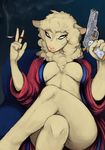  anthro breasts caprine cigarette colored crossed_legs female frown gun hladilnik mammal nipples ranged_weapon sheep solo weapon 