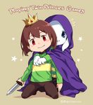  asriel_dreemurr blue_eyes boss_monster cape caprine chara_(undertale) clothed clothing crown dark_souls_3 duo english_text fur goat hood knife long_ears male mammal ningenzoo prince_lorian prince_lothric red_eyes signed star stripes text undertale video_games white_fur 