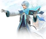  3d amano_yoshitaka blue_hair book cloud coat final_fantasy final_fantasy_brave_exvius gloves green_eyes male_focus nichol_(ff_be) official_art open_mouth scarf simple_background solo white_background 