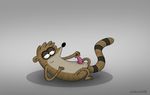  balls black_eyes cartoon_network english_text male mammal penis precum raccoon regular_show rigby_(regular_show) simple_background solo tapering_penis text 