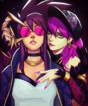  akali bangs bare_shoulders baseball_cap breasts choker claws cropped_jacket detached_sleeves earrings evelynn feather_trim glasses gradient gradient_background hair_between_eyes halter_top halterneck hat highres idol jacket jewelry k/da_(league_of_legends) k/da_akali k/da_evelynn league_of_legends lips lipstick long_hair looking_at_viewer makeup medium_breasts multiple_girls nail_polish necklace open_clothes open_jacket parted_lips pince-nez pink-tinted_eyewear ponytail purple_background purple_hair qt0ri sunglasses tinted_eyewear upper_body yellow_eyes 