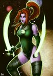  1girl dc_comics dual_wielding green_lantern green_lantern_(series) laira_omoto leotard ponytail 