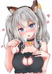  :p animal_ears bell bell_choker black_bra blue_eyes bra breasts cat_cutout cat_ears cat_lingerie choker cleavage cleavage_cutout fake_animal_ears grey_hair heart heart-shaped_pupils highres kantai_collection kashima_(kantai_collection) large_breasts looking_at_viewer meme_attire nigouu paw_pose short_hair simple_background solo symbol-shaped_pupils tongue tongue_out twintails underwear white_background 
