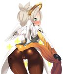  1girl artist_request ass blue_eyes blush bodysuit boots breasts cameltoe from_behind high_ponytail huge_ass large_breasts leaning leaning_forward long_hair looking_at_viewer looking_back mechanical_halo mechanical_wings mercy_(overwatch) open_mouth overwatch pantyhose platinum_blonde shiny shiny_clothes skirt skirt_hold solo wings 