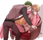  2boys abs armchair belt blonde_hair chair chin_rest facial_hair green_hair hair_over_one_eye hand_on_own_face male_focus one_piece open_clothes open_shirt pink_suit roronoa_zoro sanji sitting 