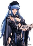  2016 artist_name beret blue_hair breasts brush cleavage dated drawing hat highres large_breasts lie_mei_(thunderbolt_fantasy) long_hair opiu painting red_eyes shang_bu_huan simple_background smirk solo thunderbolt_fantasy white_background 