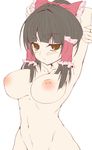  1girl abs areolae armpits arms_behind_head arms_up black_hair blush breasts brown_eyes frilled_bow frills hair_bow hakurei_reimu inverted_nipples karasawa-40 large_breasts nipples red_bow short_hair simple_background solo touhou white_background 