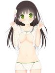  bare_shoulders blush breasts brown_hair camisole camisole_lift collarbone cowboy_shot dekochin_hammer eyebrows eyebrows_visible_through_hair flower gochuumon_wa_usagi_desu_ka? green_eyes groin hair_flower hair_ornament highres large_breasts long_hair looking_at_viewer navel panties simple_background smile solo thigh_gap ujimatsu_chiya underboob underwear white_background white_panties 