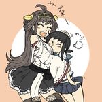  2girls ahoge bare_shoulders black_hair boots brown_hair closed_eyes detached_sleeves double_bun fubuki_(kantai_collection) hairband hamoya japanese_clothes kantai_collection kongou_(kantai_collection) long_hair low_ponytail lowres military military_uniform multiple_girls naval_uniform nontraditional_miko open_mouth pleated_skirt ponytail ribbon-trimmed_sleeves ribbon_trim school_uniform serafuku short_ponytail sidelocks skirt thigh_boots thighhighs uniform 