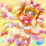  animal_ears arm_warmers bear_ears bloomers blue_eyes bow brooch brown_hair cure_mofurun full_body gloves hat highres jewelry long_hair looking_at_viewer magical_girl mahou_girls_precure! mini_hat mini_witch_hat mofurun_(mahou_girls_precure!) orange_footwear orange_skirt personification pink_bow polka_dot polka_dot_background precure shoes single_thighhigh skirt smile solo star star_in_eye sushineta symbol_in_eye thighhighs underwear witch_hat yellow_background yellow_bloomers yellow_hat 
