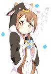  animal_costume brown_eyes brown_hair buttons coffee_mug cow_costume cow_hood cup long_hair mug oomuro_hanako pajamas simple_background smile solo steam toma_(shinozaki) white_background yuru_yuri 