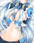  between_breasts blue_hair blush breasts clenched_teeth g_(desukingu) groin hair_over_breasts hand_between_breasts hands_on_own_chest head_out_of_frame highres large_breasts long_hair lutian_(g) navel original solo stomach teeth 