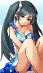  aqua_eyes bare_legs bare_shoulders barefoot between_legs bikini blue_bikini blue_hair breasts eyes_visible_through_hair floral_print hair_between_eyes hair_ribbon hand_between_legs highres isuzu_(kantai_collection) kantai_collection long_hair medium_breasts ribbon sarong sitting smile solo swimsuit takanashi_kei_(hitsujikan) thighs twintails white_ribbon 