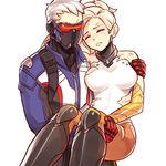  1girl bare_shoulders blonde_hair blush bodysuit breasts carrying closed_eyes collarbone face_mask facial_mark gloves high_ponytail injury jacket large_breasts lips mask mechanical_halo mercy_(overwatch) no_wings overwatch pantyhose parted_lips princess_carry short_hair sieyarelow simple_background soldier:_76_(overwatch) torn_clothes visor white_background white_hair wince 