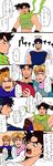  absurdres afterimage angel_wings anger_vein blonde_hair blue_hair brown_hair caesar_anthonio_zeppeli closed_eyes comic crop_top dio_brando facial_mark fang fingerless_gloves frown gloves green_eyes halo headband highres honest_axe jojo_no_kimyou_na_bouken jonathan_joestar joseph_joestar_(young) midriff motion_lines muscle open_mouth parody red_eyes sachiko_(rinana239) scarf smile striped striped_scarf sweat sweatdrop translated triangle_mouth winged_hair_ornament wings 