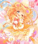  ;d animal_ears balloon bear_ears bloomers blue_eyes bow brooch character_name cure_mofurun gloves happy hat jewelry kneehighs long_hair mahou_girls_precure! mini_hat mini_witch_hat mofurun_(mahou_girls_precure!) one_eye_closed open_mouth orange_footwear orange_hair orange_skirt personification pink_background precure red_bow shoes skirt smile solo star star_in_eye striped striped_legwear symbol_in_eye underwear uzuki_aki v witch_hat yellow_bloomers yellow_hat 