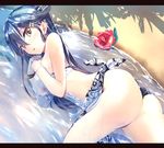  ass beach bikini_top black_hair brown_eyes flower hair_ornament hairclip haruna_(kantai_collection) headgear kantai_collection kyougoku_touya letterboxed long_hair looking_at_viewer lying on_side open_mouth outdoors partially_submerged sarong shadow sidelocks solo water white_bikini_top 