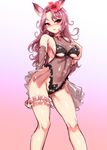  absurdres animal_ears bare_legs bare_shoulders breasts catherine_(granblue_fantasy) contrapposto covered_navel curly_hair erune eyebrows eyebrows_visible_through_hair eyelashes flower fox_ears frills gem granblue_fantasy groin hair_flower hair_ornament hand_on_own_chest harigane_shinshi highres leg_garter long_hair looking_at_viewer medium_breasts pink_background pink_flower pink_hair ruby_(stone) see-through shiny shiny_clothes shiny_skin sideboob simple_background skin_tight solo standing underboob underboob_cutout very_long_hair 