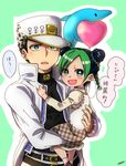  1girl balloon belt black_hair braid carrying child child_carry coat double_bun dress earrings father_and_daughter frown green_background green_eyes green_hair hat highres jewelry jojo_no_kimyou_na_bouken kameron kuujou_jolyne kuujou_joutarou multicolored_hair open_mouth plaid plaid_dress signature single_braid smile stud_earrings sweatdrop translated turtleneck two-tone_hair younger 