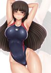  armpits arms_up black_eyes black_hair blush competition_swimsuit contrapposto girls_und_panzer highleg highleg_swimsuit highres long_hair mature nishizumi_shiho one-piece_swimsuit ponpo solo standing swimsuit zoom_layer 