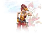  3d amano_yoshitaka bracelet breasts cleavage cloud final_fantasy final_fantasy_brave_exvius gloves goggles goggles_on_head jewelry lid_(ff_be) necklace official_art red_hair simple_background solo teeth white_background yellow_eyes 