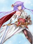  absurdres alternate_costume armor bare_shoulders blue_eyes braid breasts cape cleavage hair_ornament highres long_hair looking_at_viewer medium_breasts neptune_(series) purple_hair purple_heart shield shishin_(shishintei) sword twin_braids very_long_hair weapon 