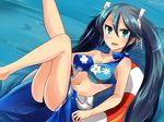  afloat alternate_costume aqua_eyes arms_at_sides bare_legs bikini blue_bikini bow breasts collarbone floral_print hair_between_eyes hair_bow hair_ribbon hebitsukai-san highres isuzu_(kantai_collection) kantai_collection leg_up long_hair looking_at_viewer lying medium_breasts midriff navel on_back ribbon sarong smile solo swimsuit thighs twintails white_ribbon 