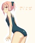  2016 artist_name brown_eyes dated from_side garnet hair_ribbon looking_back one-piece_swimsuit original pink_hair ribbon school_swimsuit signature solo swimsuit translated 