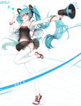  :p ahoge aqua_eyes aqua_hair bai_yemeng bespectacled eighth_note full_body glasses hatsune_miku highres index_finger_raised long_hair megaphone musical_note navel one_eye_closed outstretched_arm skirt solo standing standing_on_one_leg thighhighs tongue tongue_out twintails very_long_hair vocaloid white_background white_legwear 