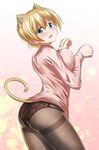  animal_ears ass bangs black_legwear black_panties blonde_hair blouse blue_eyes braid breast_press breasts cat_ears cat_tail darjeeling floral_print from_side girls_und_panzer hair_between_eyes head_tilt highres kemonomimi_mode large_breasts lingerie looking_at_viewer open_mouth orange_(sal1014) panties panties_under_pantyhose pantyhose paw_pose pink_background pink_blouse short_hair solo tail thighband_pantyhose thighs tied_hair underwear 