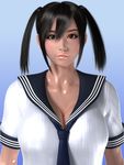  1girl 3d black_hair breasts brown_eyes cleavage large_breasts lipstick looking_at_viewer pigtails sailor_uniform solo tan twintails umemaro upper_body 