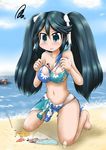  adapted_costume alternate_costume asymmetrical_clothes bare_arms bare_shoulders beach black_hair blue_eyes breasts commentary_request day floral_print hair_ribbon isuzu_(kantai_collection) ka-class_submarine kantai_collection large_breasts long_hair looking_at_viewer navel ouno_(nounai_disintegration) ribbon solo swimsuit torn_bikini torn_clothes torn_swimsuit twintails 