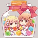  :d blonde_hair bow bracelet brown_eyes brown_hair candy chibi dress flower food futaba_anzu grey_background hair_flower hair_ornament haruna_hisui idolmaster idolmaster_cinderella_girls in_container jar jewelry long_hair moroboshi_kirari multiple_girls open_mouth red_bow red_ribbon ribbon simple_background sitting smile star star_hair_ornament twintails white_dress 