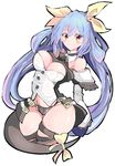  bare_shoulders blue_eyes breasts cleavage dizzy enpe guilty_gear guilty_gear_xrd hair_ribbon highres large_breasts light_smile long_hair looking_at_viewer red_eyes ribbon solo yellow_ribbon 