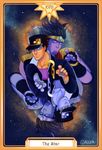  1boy alcka artist_name black_hair blue_eyes card_(medium) chain coat hat highres jojo_no_kimyou_na_bouken kuujou_joutarou male_focus pointing rotational_symmetry sky stand_(jojo) star_(sky) star_platinum starry_sky tarot 