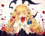  anemone_(flower) apple bad_apple!! bangs black_skirt blonde_hair blue_bow blue_flower blunt_bangs blurry bow braid covering_mouth daimaou_ruaeru depth_of_field eyelashes flower food frilled_sleeves frills fruit gloves hair_bow hair_flower hair_ornament hairclip hat high-waist_skirt holding holding_food holding_fruit kirisame_marisa lens_flare long_hair looking_at_viewer one_eye_closed petals plant poppy_(flower) puffy_short_sleeves puffy_sleeves red_bow red_flower ribbon ribbon-trimmed_clothes ribbon_trim shirt short_sleeves side_braid skirt solo sparkle star star_hair_ornament touhou upper_body vines wavy_hair white_flower white_gloves white_shirt witch_hat yellow_eyes 