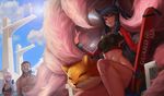  3girls ahri alternate_costume alternate_hairstyle animal_ears ashe_(league_of_legends) beard bike_shorts black_hair blurry breasts crop_top crossed_arms day depth_of_field facial_hair facial_mark fox_ears fox_tail from_below goomrrat jealous large_breasts league_of_legends lips long_hair looking_at_another looking_at_viewer midriff mouse multiple_girls multiple_tails muscle open_mouth outdoors outstretched_arms pool riven_(league_of_legends) silver_hair sitting slit_pupils tail teemo toned tryndamere whisker_markings yellow_eyes 