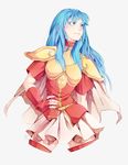  1girl armor artist_name blue_eyes blue_hair breastplate cape commentary cowboy_shot earrings eirika fingerless_gloves fire_emblem fire_emblem:_seima_no_kouseki gloves hand_on_hip highres jewelry long_hair looking_to_the_side priince signature simple_background skirt solo spaulders thighhighs white_background zettai_ryouiki 