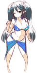  adapted_costume alternate_costume aqua_eyes bare_legs bikini blue_bikini bow breasts cleavage collarbone commentary_request floral_print hair_between_eyes hair_bow hair_ribbon isuzu_(kantai_collection) kantai_collection large_breasts long_hair looking_at_viewer matsunoki_(unknown_751) midriff navel one_eye_closed ribbon sarong sketch solo swimsuit thighs twintails white_ribbon 