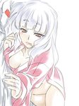  bangs blunt_bangs breasts brown_eyes cleavage hakkai highres kantai_collection long_hair looking_at_viewer lying medium_breasts murakumo_(kantai_collection) naked_robe navel on_side solo white_hair 