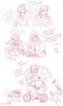  2boys 4girls ana_(overwatch) armor beard black_hair bodysuit bottle chibi cookie d.va_(gremlin) d.va_(overwatch) english face_mask facial_hair facial_mark food full_armor headphones high_ponytail highres hijab hood jacket long_hair mask mechanical_halo mechanical_wings mercy_(overwatch) monochrome multiple_boys multiple_girls old_woman overwatch pharah_(overwatch) plague_of_gripes ponytail reinhardt_(overwatch) scar short_hair soldier:_76_(overwatch) tray tricycle visor whisker_markings wings 