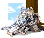  2girls aqua_(fire_emblem_if) artist_request blue_hair blush breasts eyes_closed fire_emblem fire_emblem_if kamui_(fire_emblem) nintendo smile white_hair yuri 