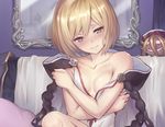  assassin_(granblue_fantasy) bare_shoulders blonde_hair blush breasts brown_eyes collarbone commentary_request crossed_arms djeeta_(granblue_fantasy) doll granblue_fantasy gretel_(granblue_fantasy) mirror oukawa_yuu reflection short_hair small_breasts undressing 