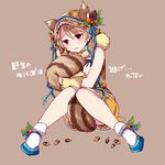  acorn animal_ears bare_shoulders blue_footwear bobby_socks brown_background drill_hair earrings ears_through_headwear full_body hood idolmaster idolmaster_cinderella_girls jewelry knees_together_feet_apart leaf light_brown_eyes light_brown_hair miniskirt morikubo_nono open_mouth pinecone shoes short_hair simple_background sitting skirt socks solo squirrel_ears squirrel_tail tail tail_hug translation_request wavy_mouth wemu_(ivycrown) yellow_skirt 