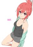  2016 breasts cardigan cleavage dated looking_at_viewer medium_breasts off_shoulder original pink_hair ponytail purple_eyes saitoyu00 short_hair shorts simple_background sleeveless smile solo white_background 