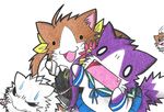  ahoge akebono_(kantai_collection) animal animalization bell cat colored_pencil_(medium) commentary_request dainamitee flower guinea_pig hair_bell hair_flower hair_ornament hair_ribbon hat inazuma_(kantai_collection) jingle_bell kagerou_(kantai_collection) kantai_collection neck_ribbon no_humans non-human_admiral_(kantai_collection) o_o plasma-chan_(kantai_collection) pleated_skirt rat ribbon school_uniform serafuku simple_background skirt sulking sweatdrop traditional_media vest white_background 