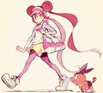  bad_id bad_pixiv_id bag blush double_bun gen_5_pokemon handbag highres irima_(doron) legwear_under_shorts long_hair mei_(pokemon) pantyhose pantyhose_under_shorts pokemon pokemon_(creature) pokemon_(game) pokemon_bw2 raglan_sleeves shoes short_shorts shorts simple_background sneakers tepig twintails very_long_hair visor_cap walking yellow_shorts 